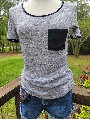 Zenana Outfitters Heather Gray Short Sleeve Tee with Black Trim & Pocket